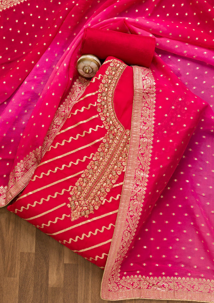 Rani Pink Cutdana Chanderi Unstitched Salwar Suit-Koskii