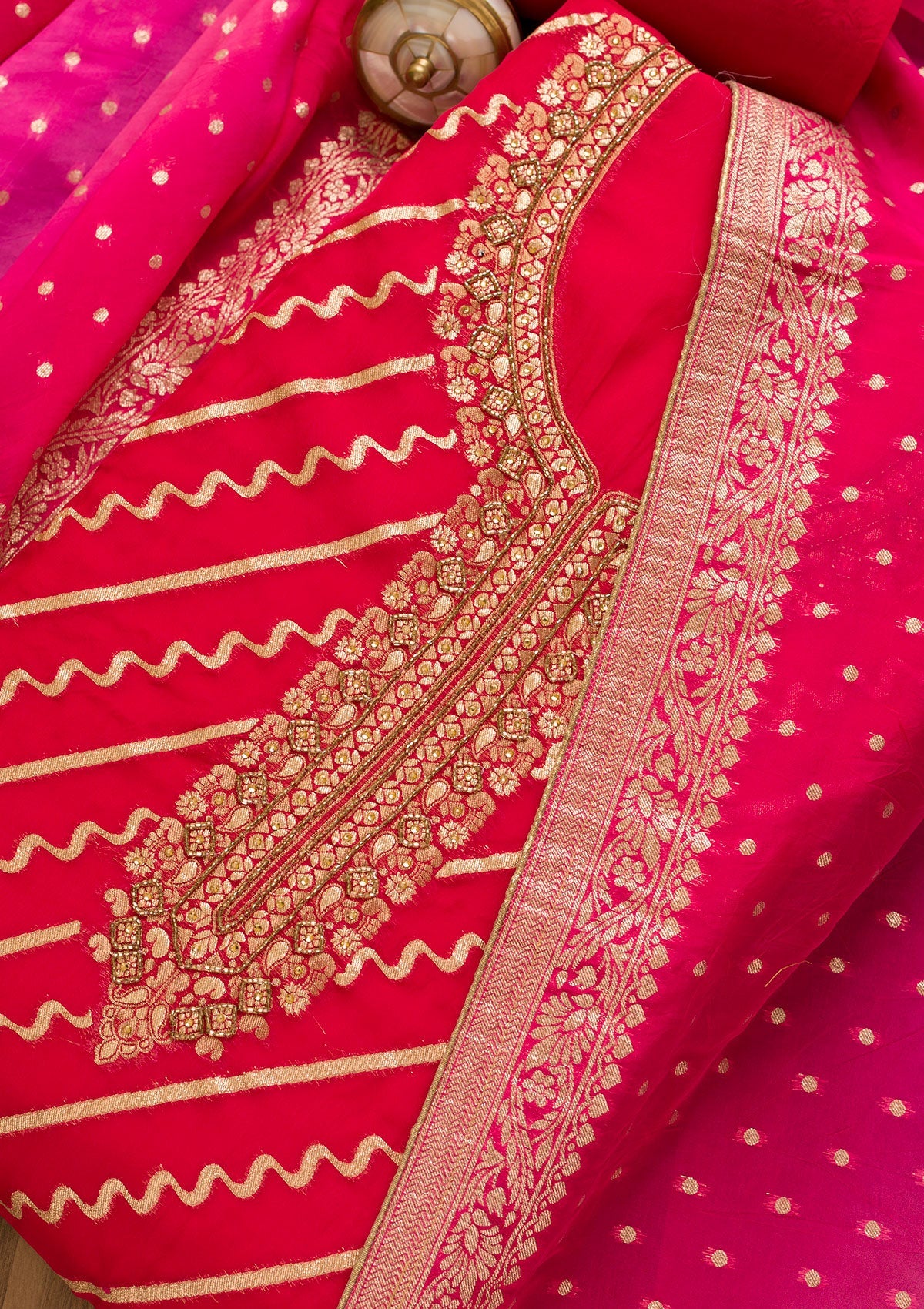 Rani Pink Cutdana Chanderi Unstitched Salwar Suit-Koskii