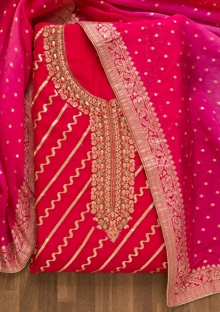 Rani Pink Cutdana Chanderi Unstitched Salwar Suit-Koskii