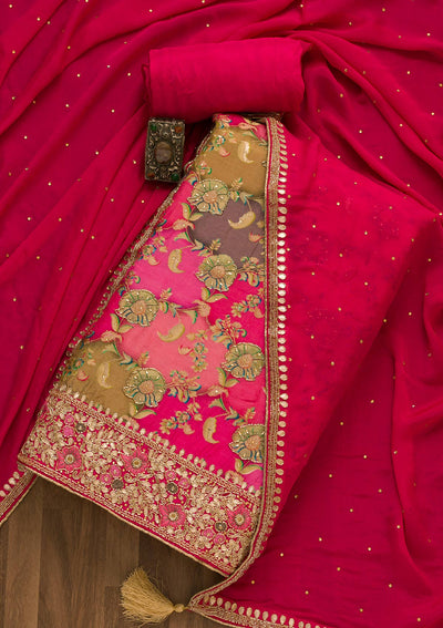 Rani Pink Cutdana Soft Silk Unstitched Salwar Kameez-Koskii