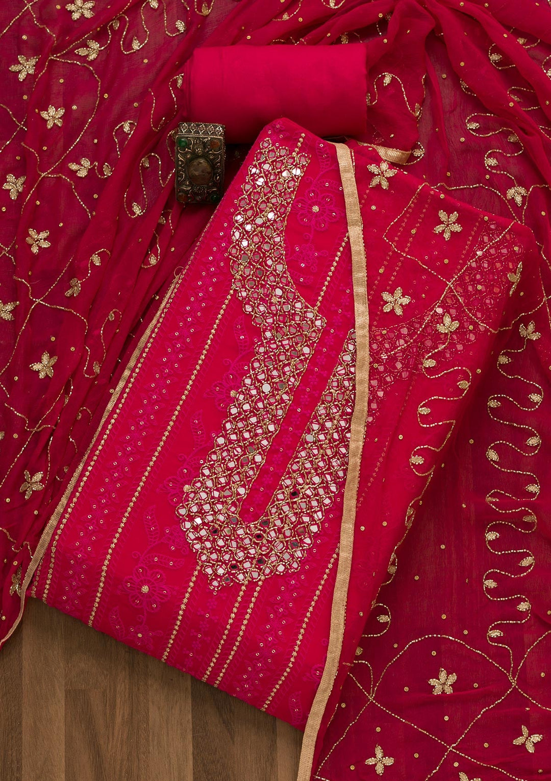 Rani Pink Mirrorwork Georgette Unstitched Salwar Kameez-Koskii