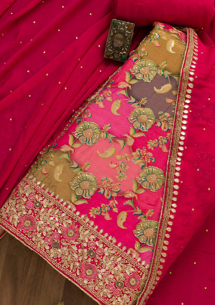 Rani Pink Cutdana Soft Silk Unstitched Salwar Kameez-Koskii