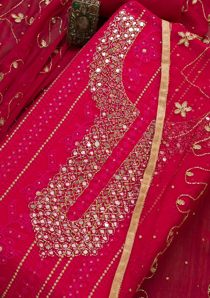 Rani Pink Mirrorwork Georgette Unstitched Salwar Kameez-Koskii
