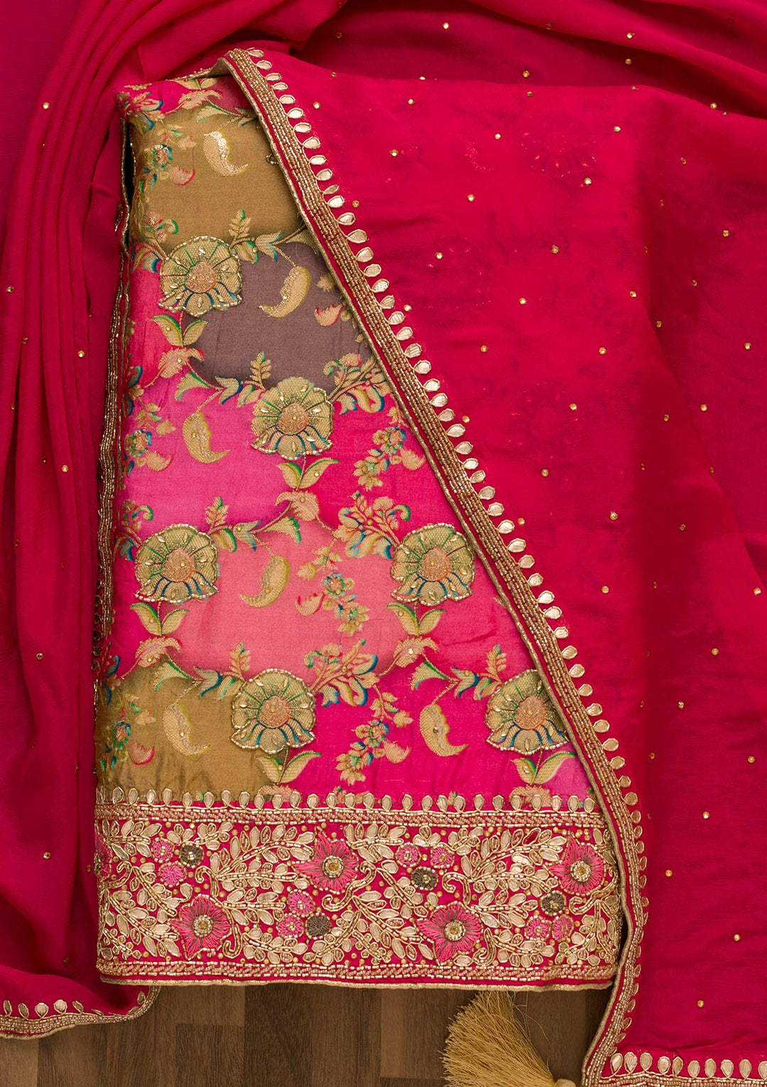 Rani Pink Cutdana Soft Silk Unstitched Salwar Kameez-Koskii