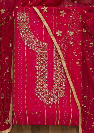 Rani Pink Mirrorwork Georgette Unstitched Salwar Kameez-Koskii