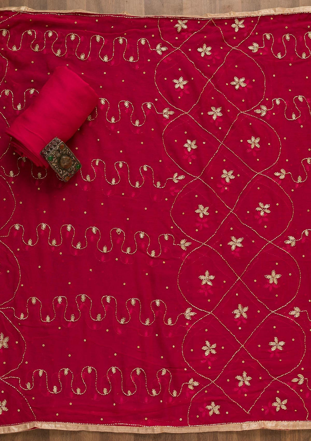 Rani Pink Mirrorwork Georgette Unstitched Salwar Kameez-Koskii