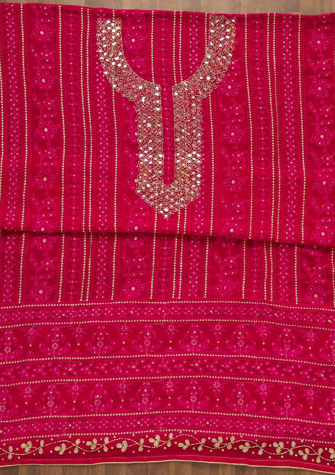 Rani Pink Mirrorwork Georgette Unstitched Salwar Kameez-Koskii