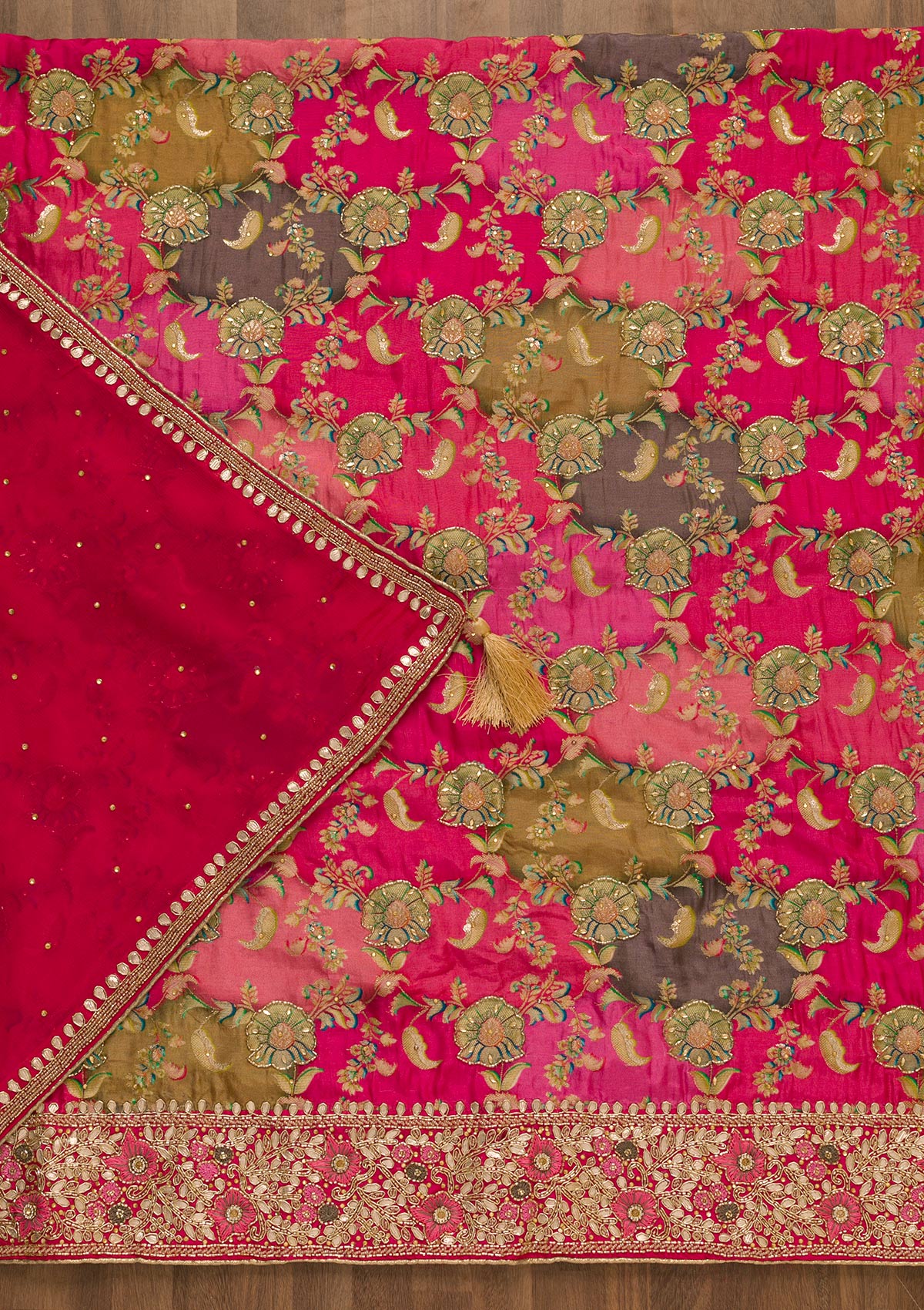Rani Pink Cutdana Soft Silk Unstitched Salwar Kameez-Koskii