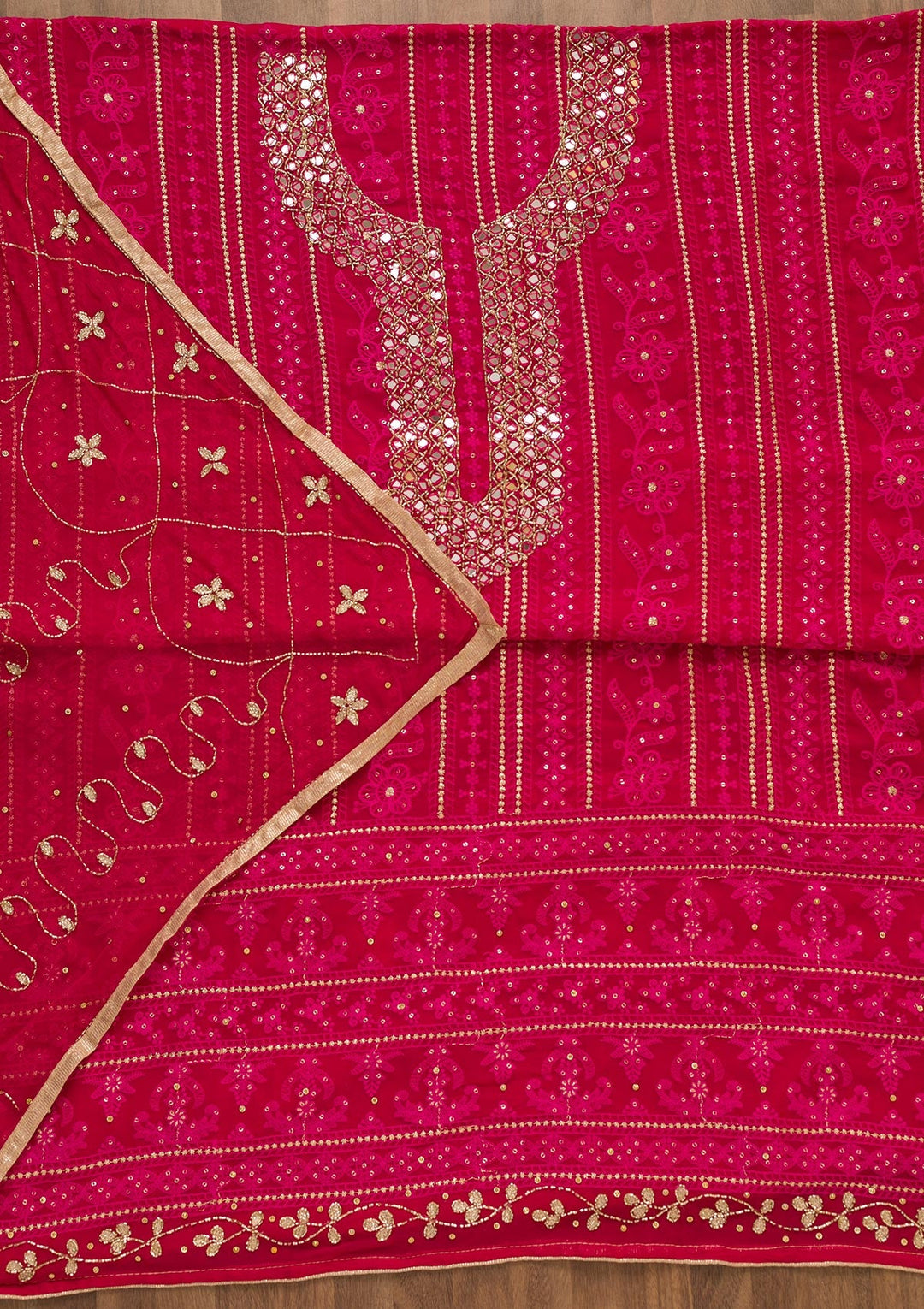 Rani Pink Mirrorwork Georgette Unstitched Salwar Kameez-Koskii