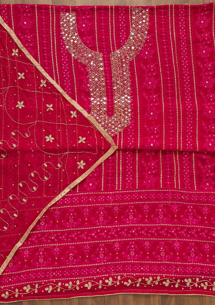 Rani Pink Mirrorwork Georgette Unstitched Salwar Kameez-Koskii