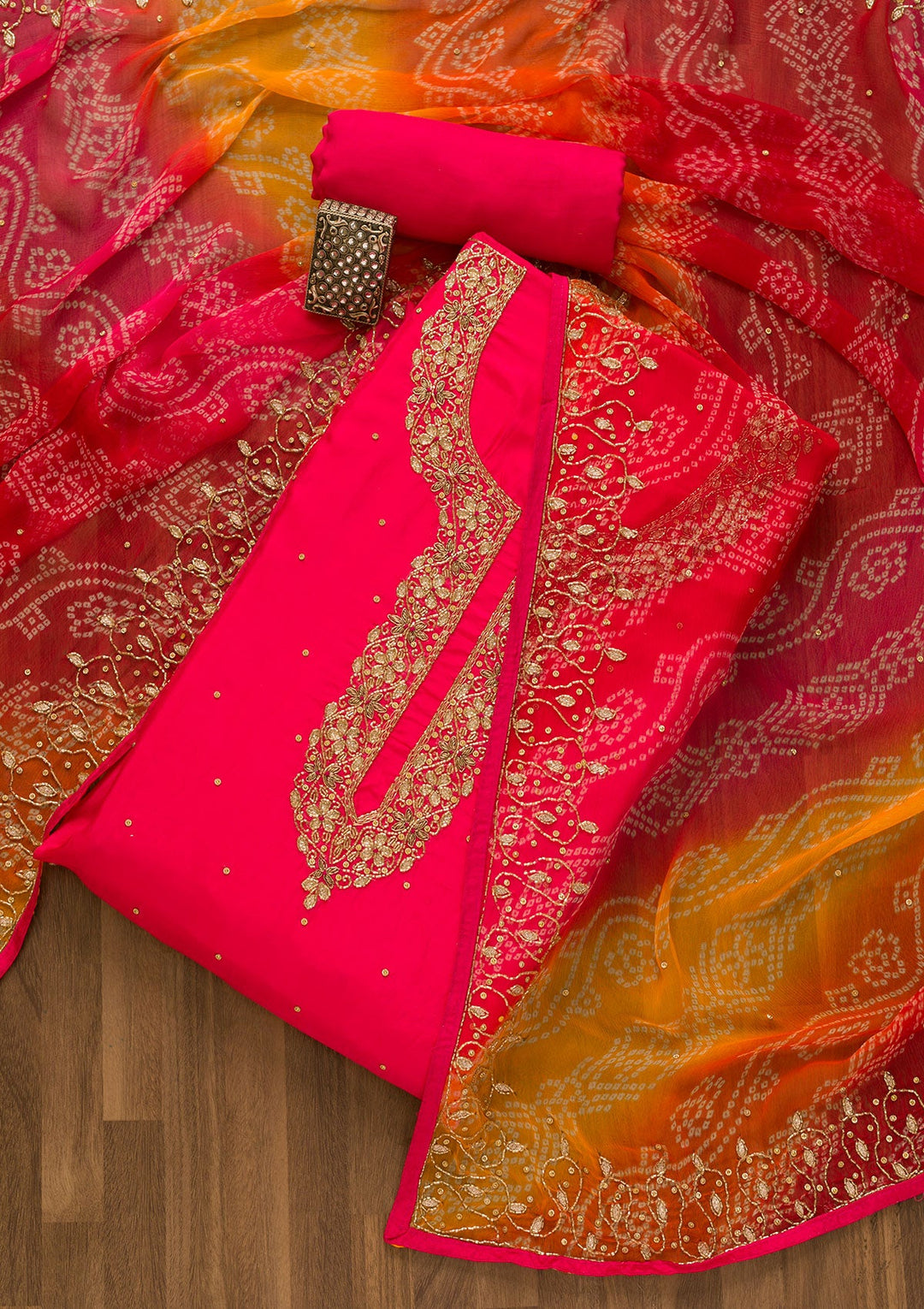 Rani Pink Cutdana Semi Crepe Unstitched Salwar Kameez-Koskii