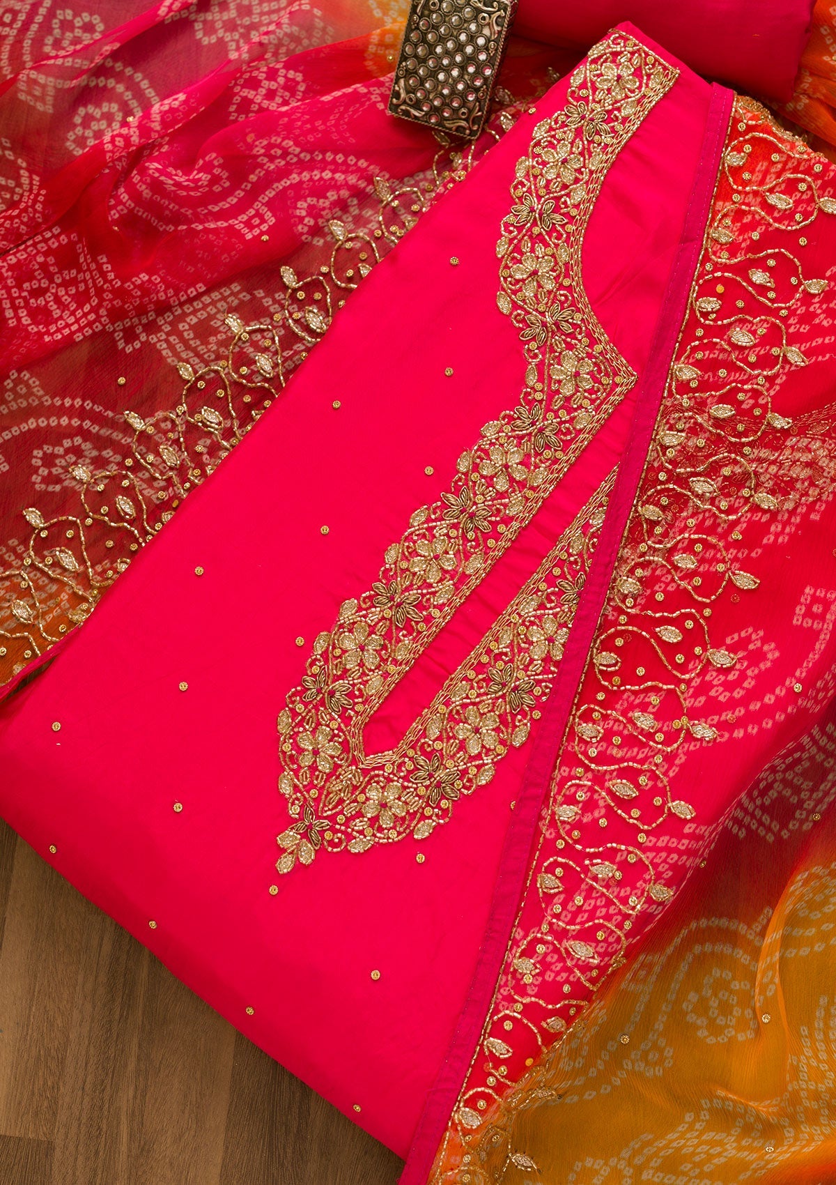 Rani Pink Cutdana Semi Crepe Unstitched Salwar Kameez-Koskii