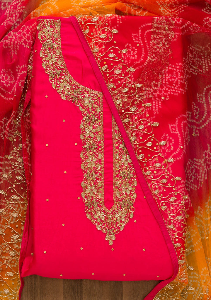 Rani Pink Cutdana Semi Crepe Unstitched Salwar Kameez-Koskii