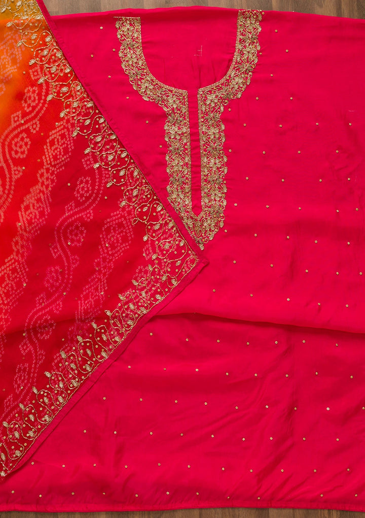 Rani Pink Cutdana Semi Crepe Unstitched Salwar Kameez-Koskii