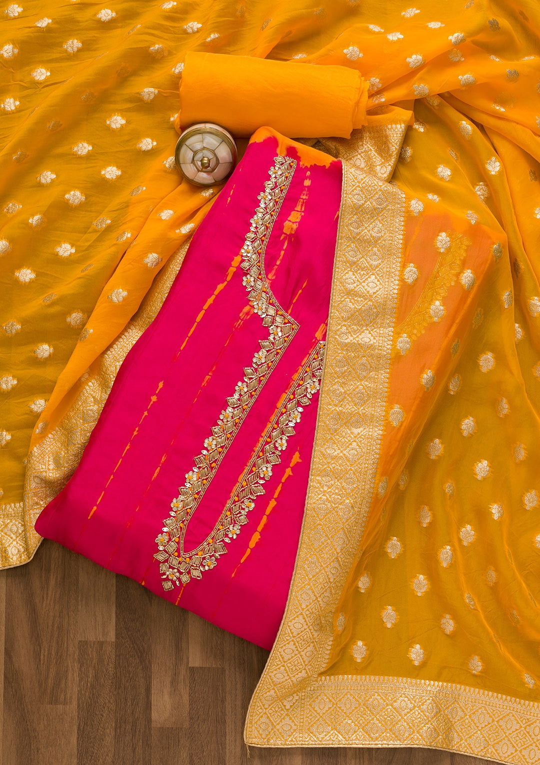 Rani Pink Cutdana Soft Silk Unstitched Salwar Kameez-Koskii