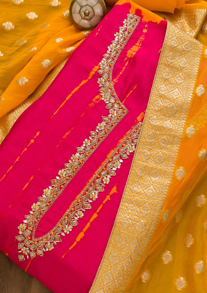 Rani Pink Cutdana Soft Silk Unstitched Salwar Kameez-Koskii