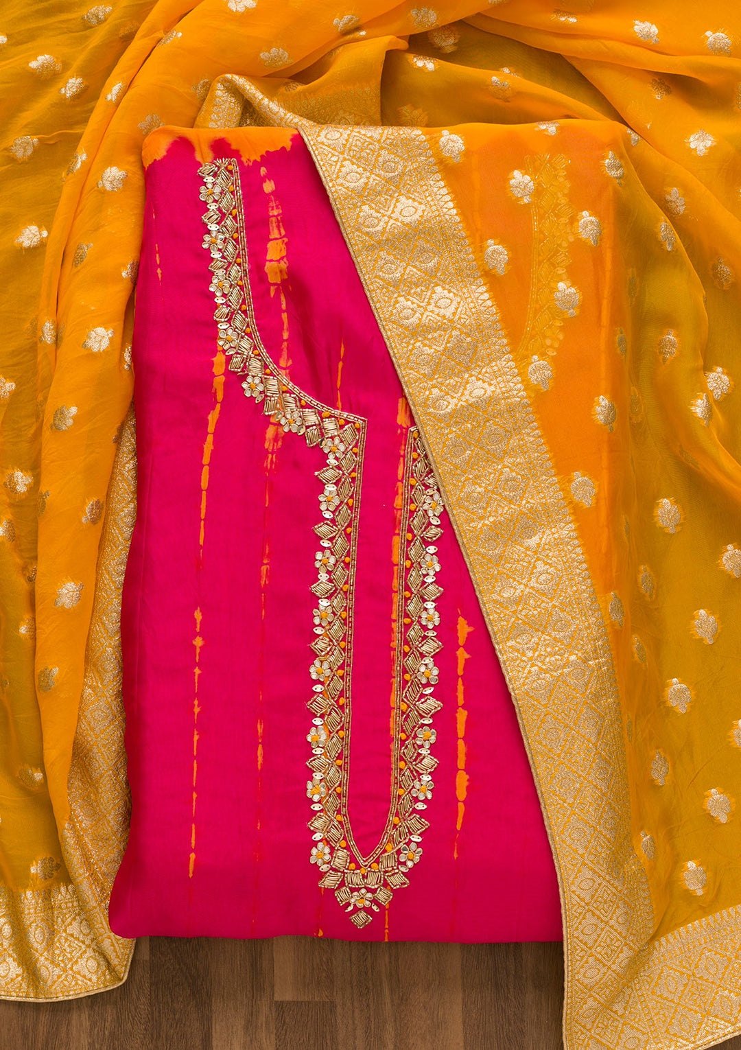 Rani Pink Cutdana Soft Silk Unstitched Salwar Kameez-Koskii