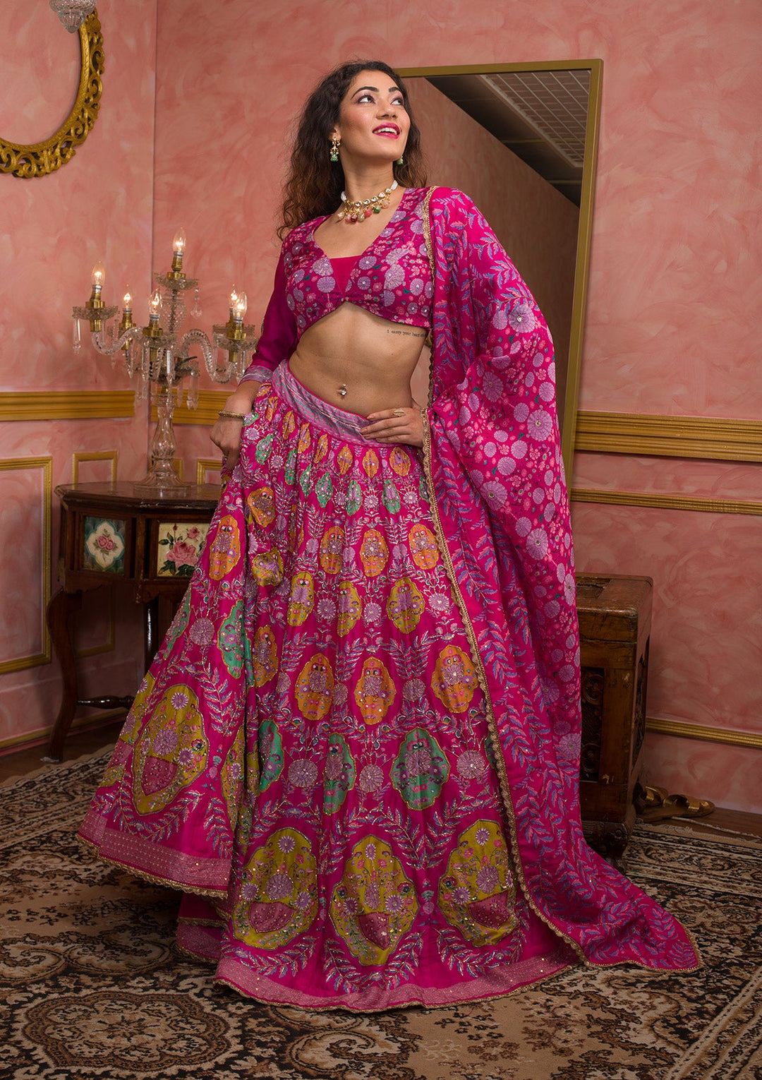 Rani Pink Cutdana Soft Silk Semi-Stitched Lehenga-Koskii