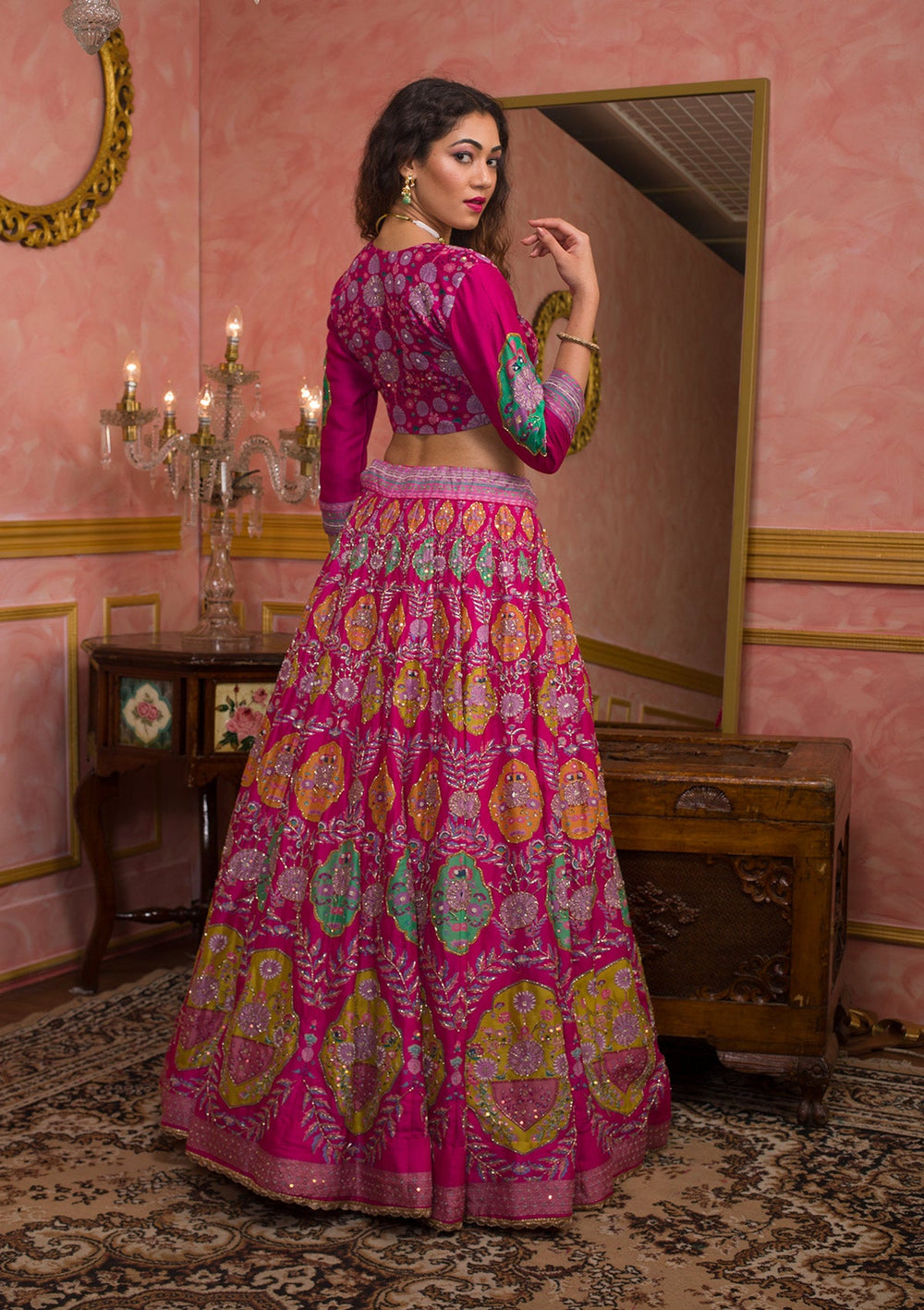 Rani Pink Cutdana Soft Silk Semi-Stitched Lehenga-Koskii