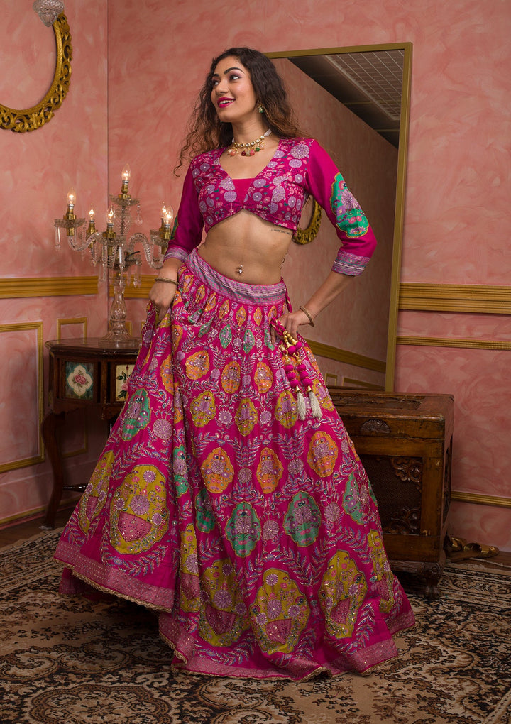 Rani Pink Cutdana Soft Silk Semi-Stitched Lehenga-Koskii