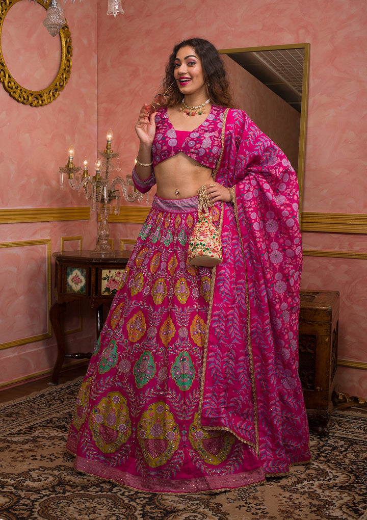 Rani Pink Cutdana Soft Silk Semi-Stitched Lehenga-Koskii