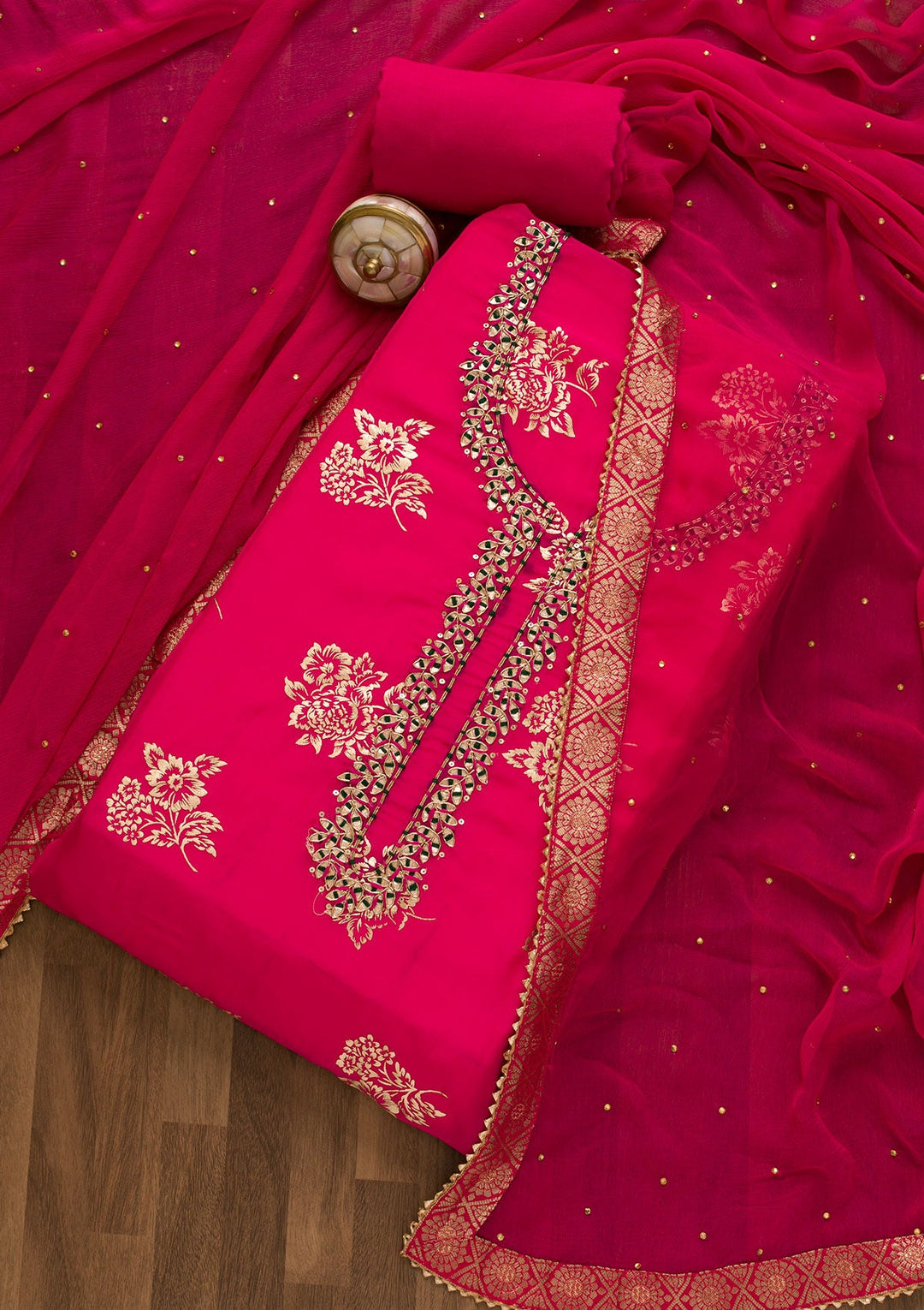 Rani Pink Gotapatti Organza Unstitched Salwar Kameez-Koskii