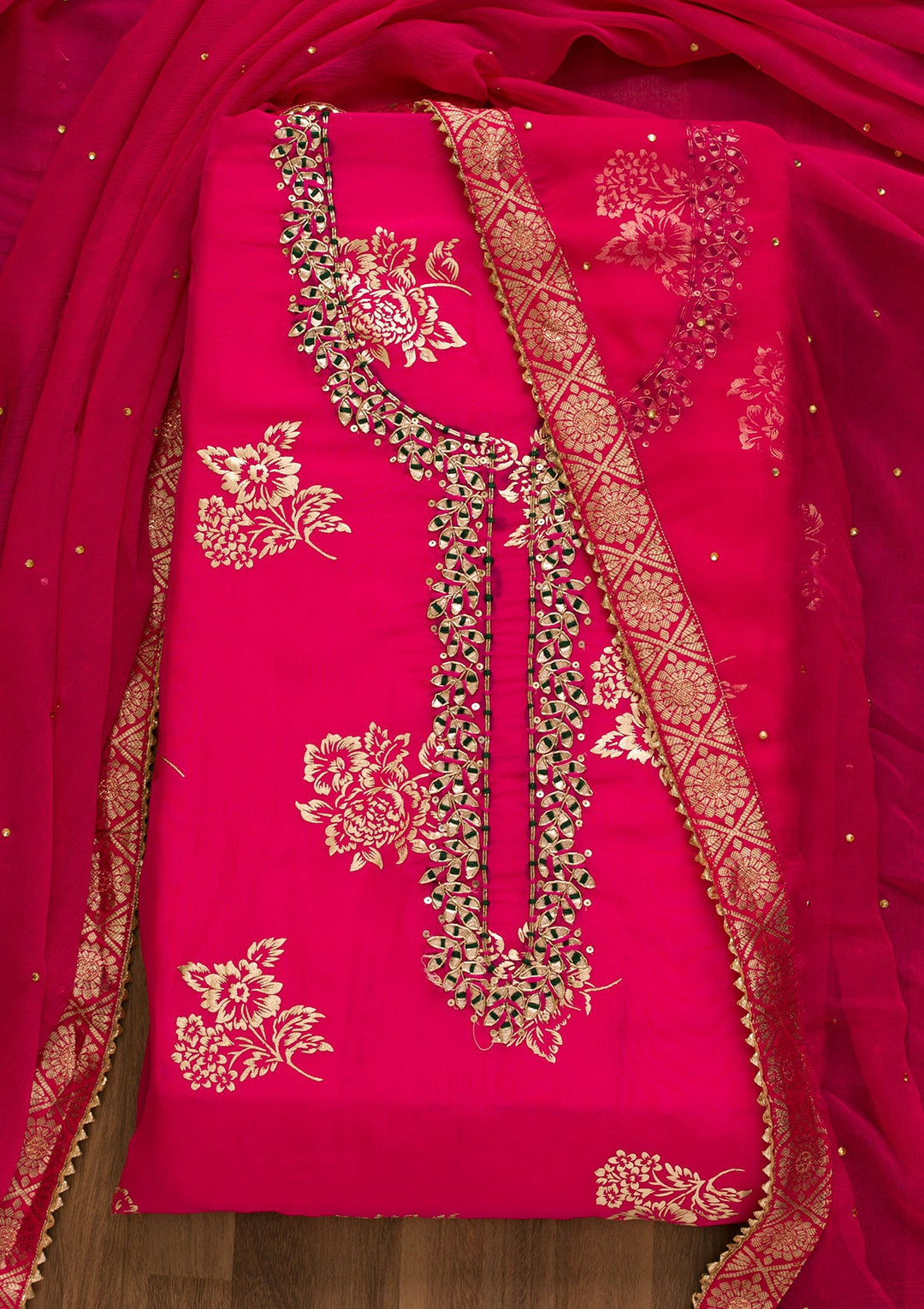 Rani Pink Gotapatti Organza Unstitched Salwar Kameez-Koskii