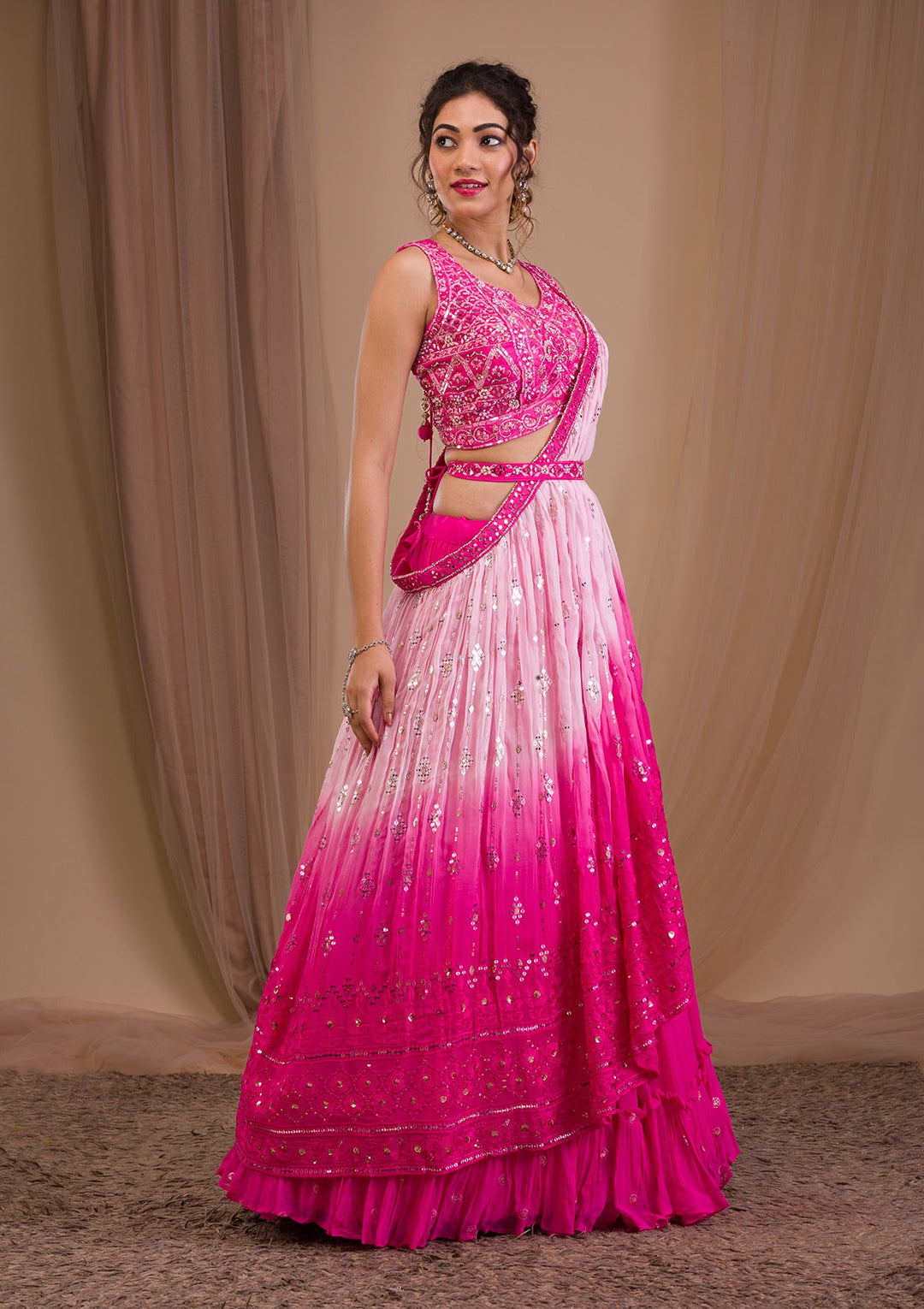 Rani Pink Mirrorwork Georgette Readymade Lehenga-Koskii