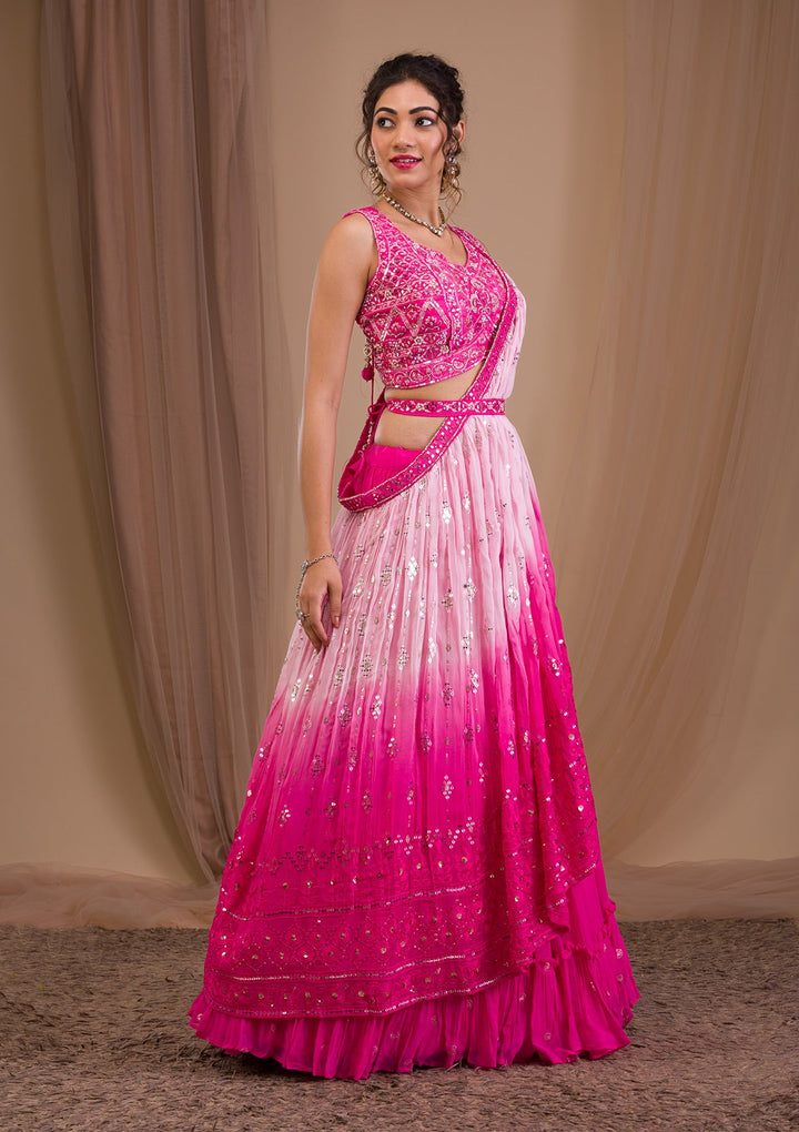 Rani Pink Mirrorwork Georgette Readymade Lehenga-Koskii