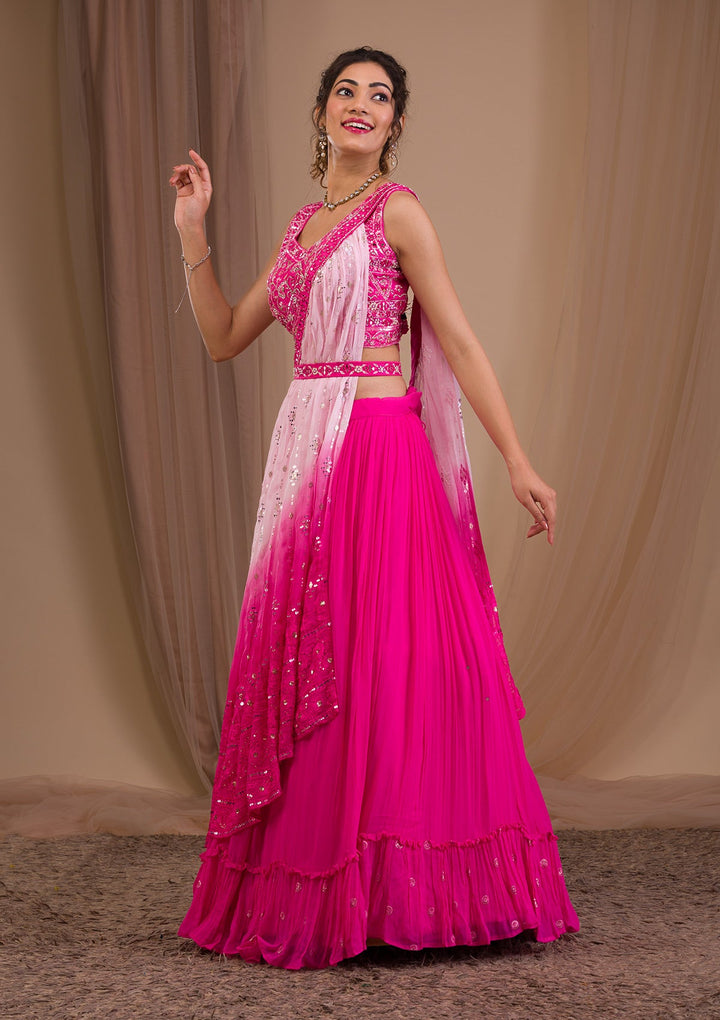 Rani Pink Mirrorwork Georgette Readymade Lehenga-Koskii