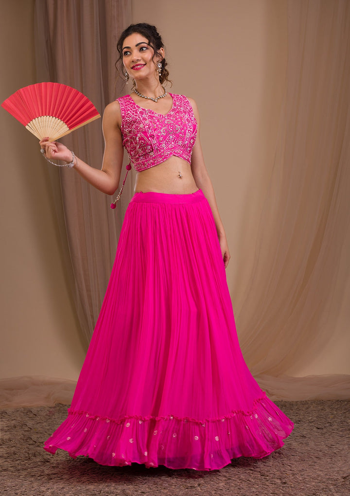 Rani Pink Mirrorwork Georgette Readymade Lehenga-Koskii