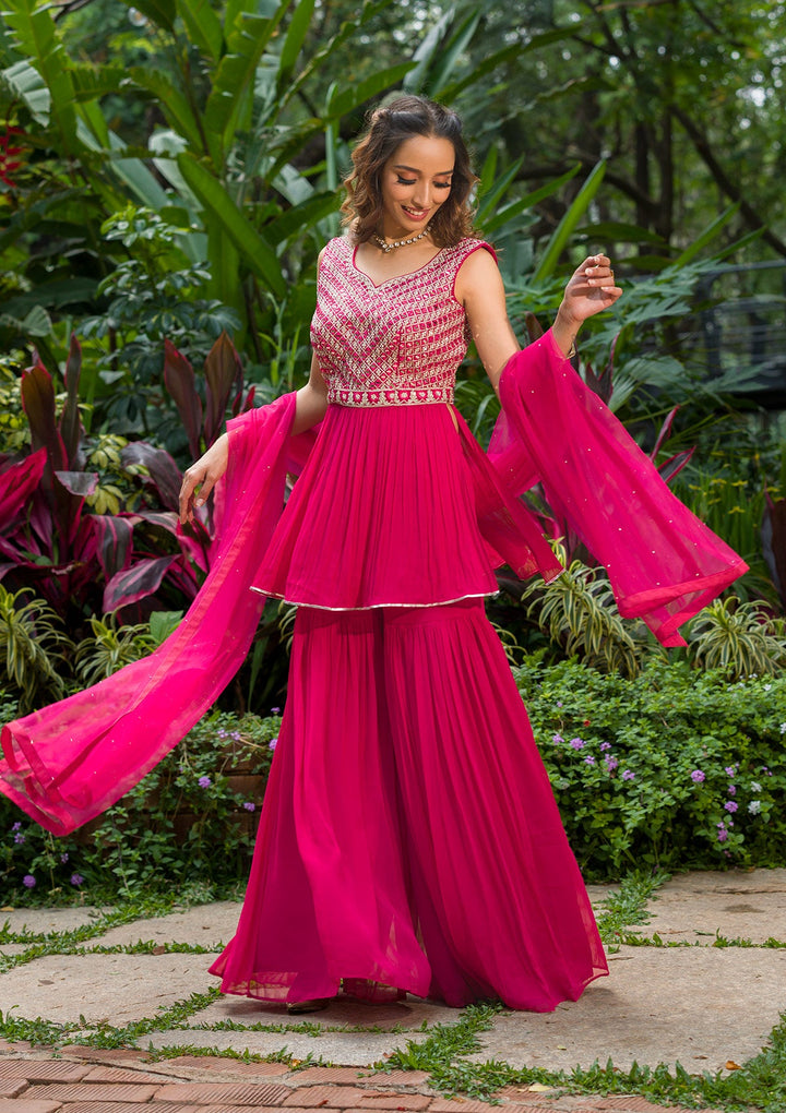 Rani Pink Mirrorwork Georgette Readymade Salwar Kameez-Koskii
