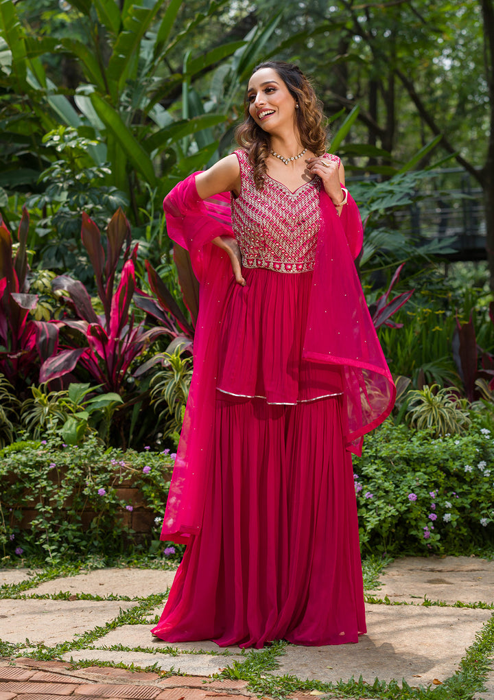 Rani Pink Mirrorwork Georgette Readymade Salwar Kameez-Koskii