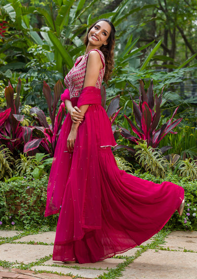 Rani Pink Mirrorwork Georgette Readymade Salwar Kameez-Koskii