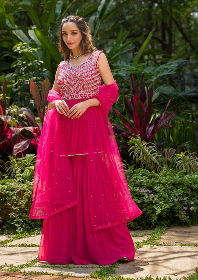 Rani Pink Mirrorwork Georgette Readymade Salwar Kameez-Koskii
