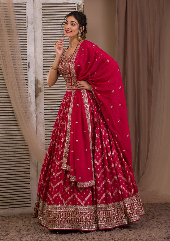 Rani Pink Sequins Banarasi Readymade Lehenga-Koskii