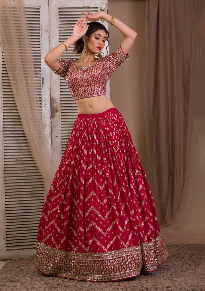 Rani Pink Sequins Banarasi Readymade Lehenga-Koskii