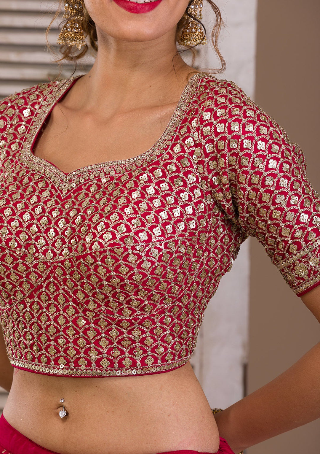 Rani Pink Sequins Banarasi Readymade Lehenga-Koskii