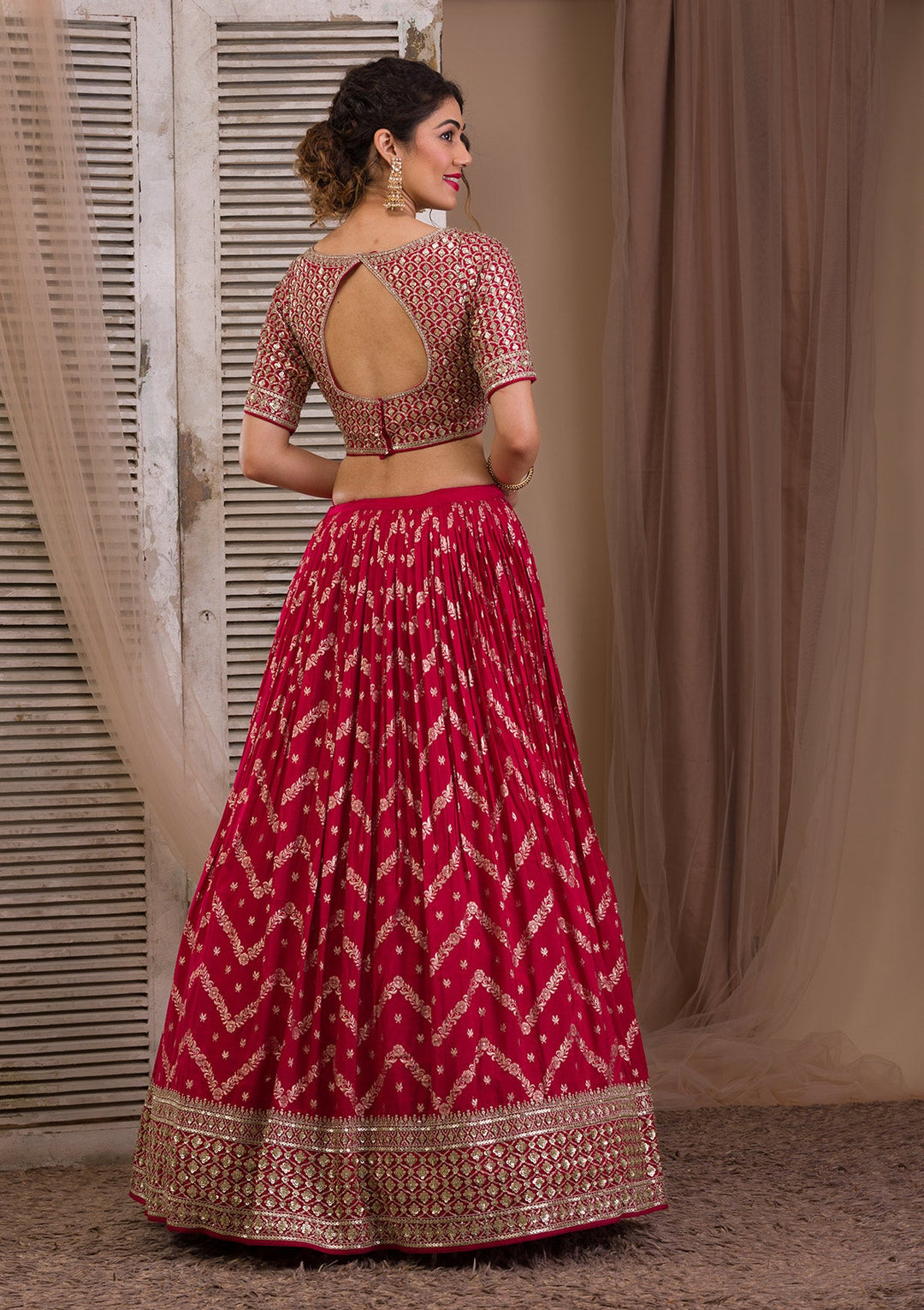 Rani Pink Sequins Banarasi Readymade Lehenga-Koskii