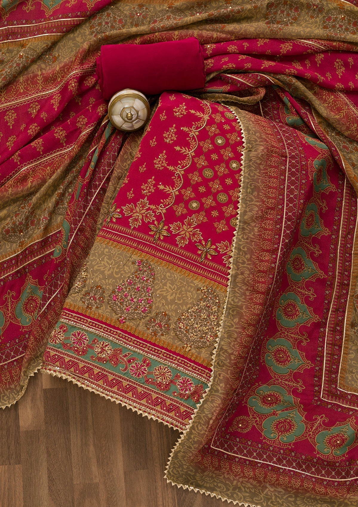 Rani Pink Sequins Crepe Unstitched Salwar Kameez-Koskii