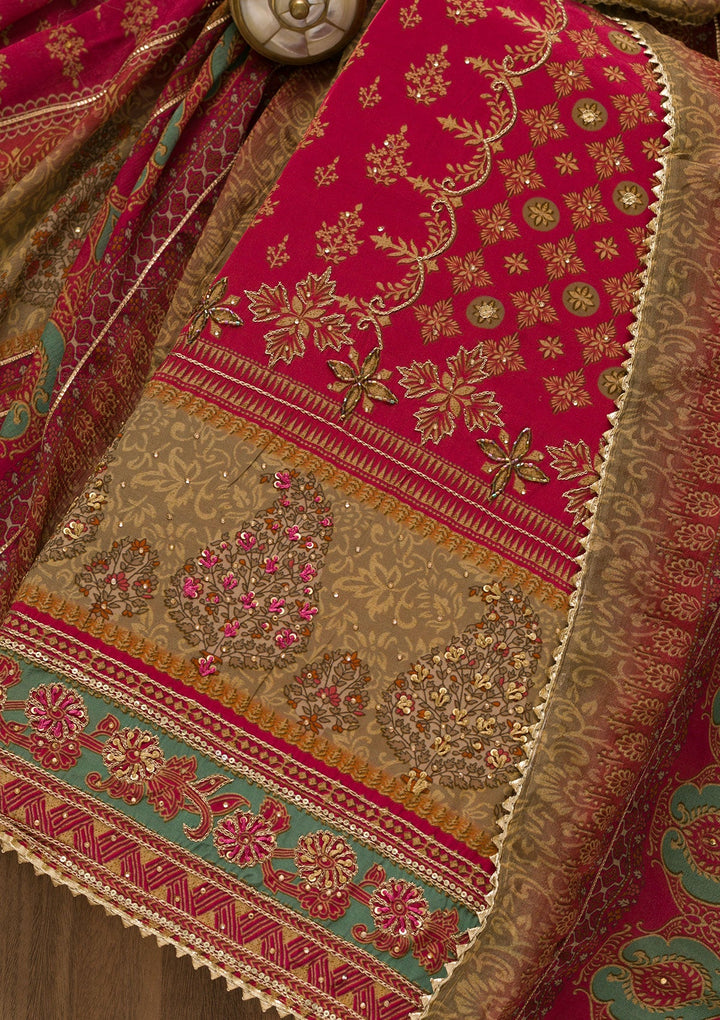 Rani Pink Sequins Crepe Unstitched Salwar Kameez-Koskii