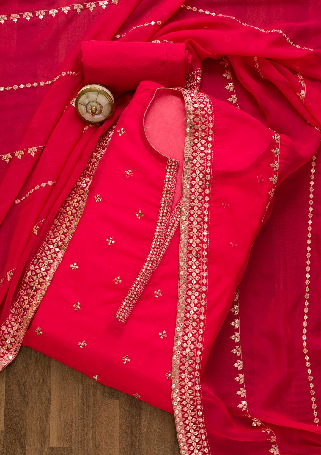 Rani Pink Sequins Tissue Unstitched Salwar Kameez-Koskii
