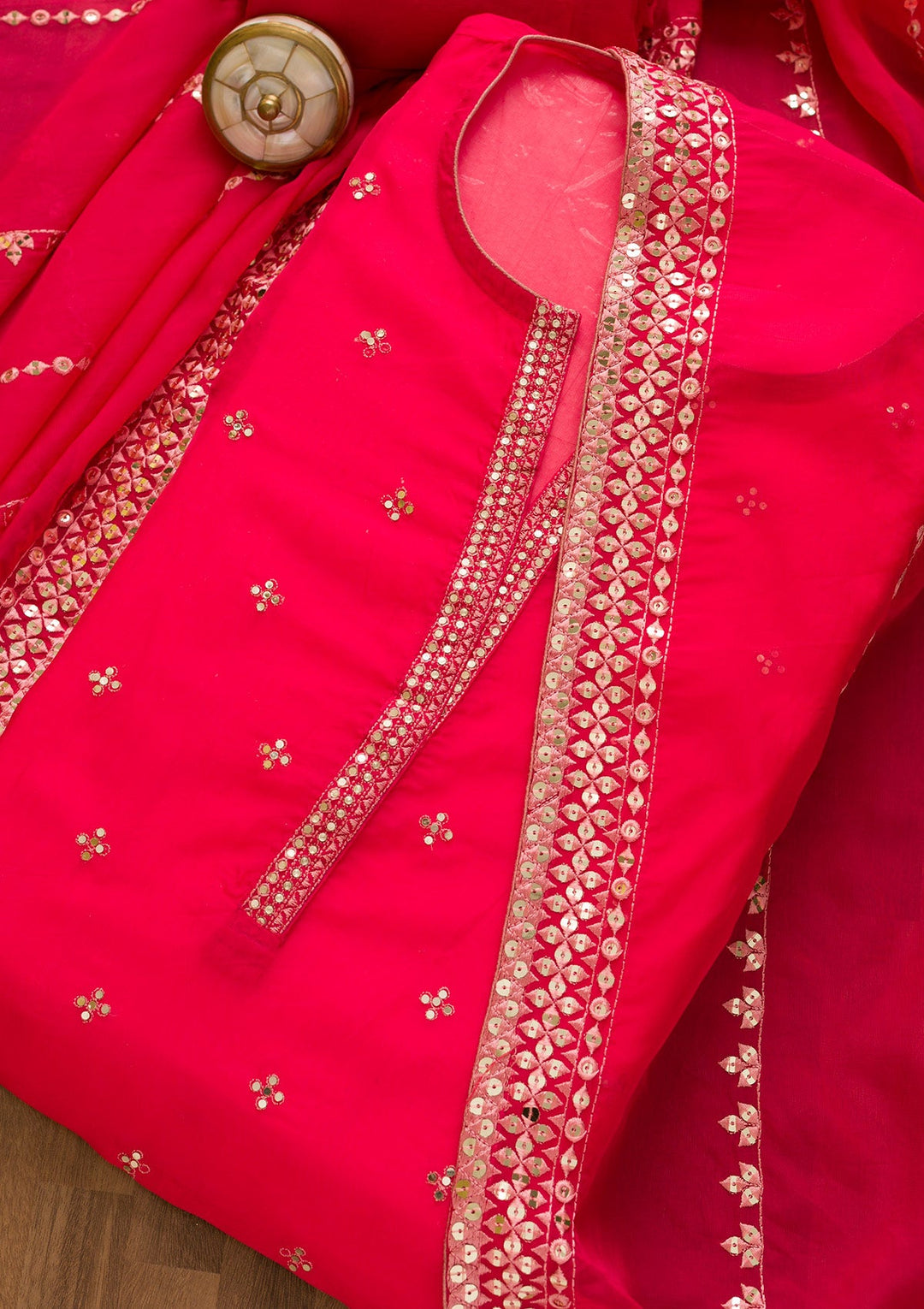 Rani Pink Sequins Tissue Unstitched Salwar Kameez-Koskii