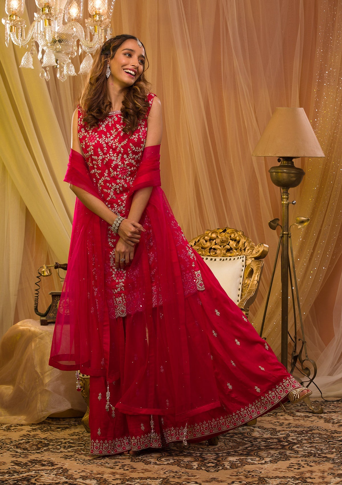 Rani Pink Silver Zariwork Raw Silk Readymade Salwar Kameez-Koskii