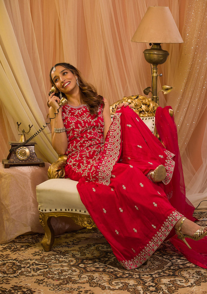 Rani Pink Silver Zariwork Raw Silk Readymade Salwar Kameez-Koskii