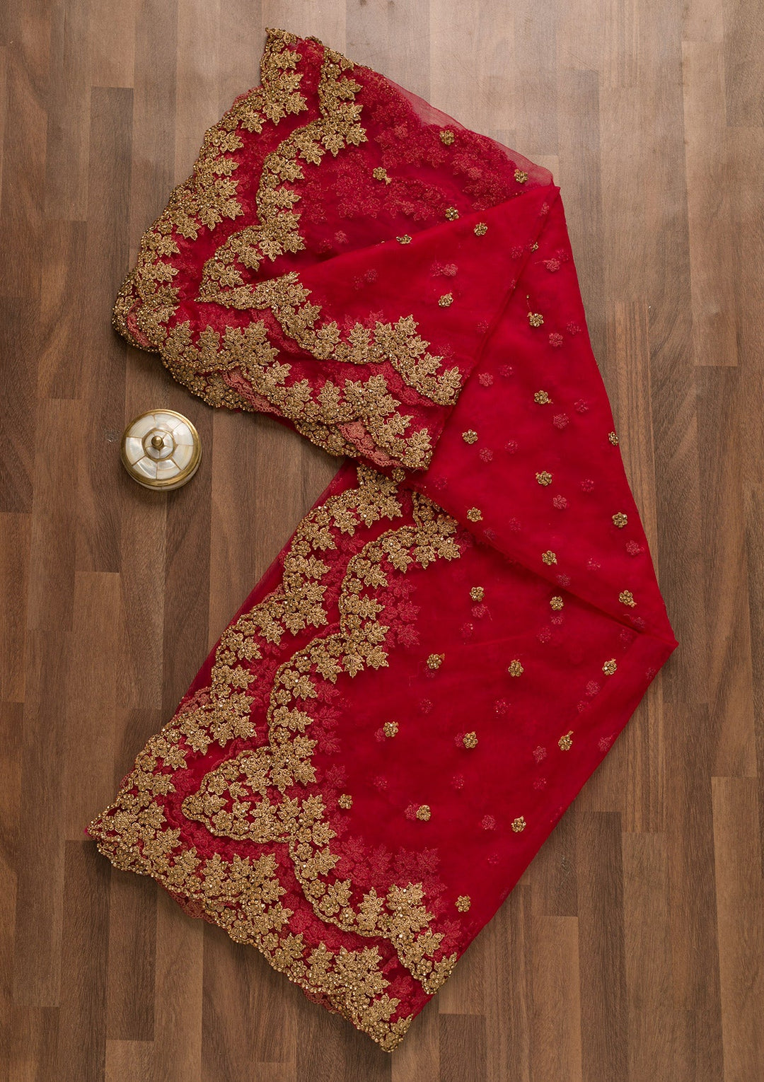 Red Stonework Net Dupatta-Koskii