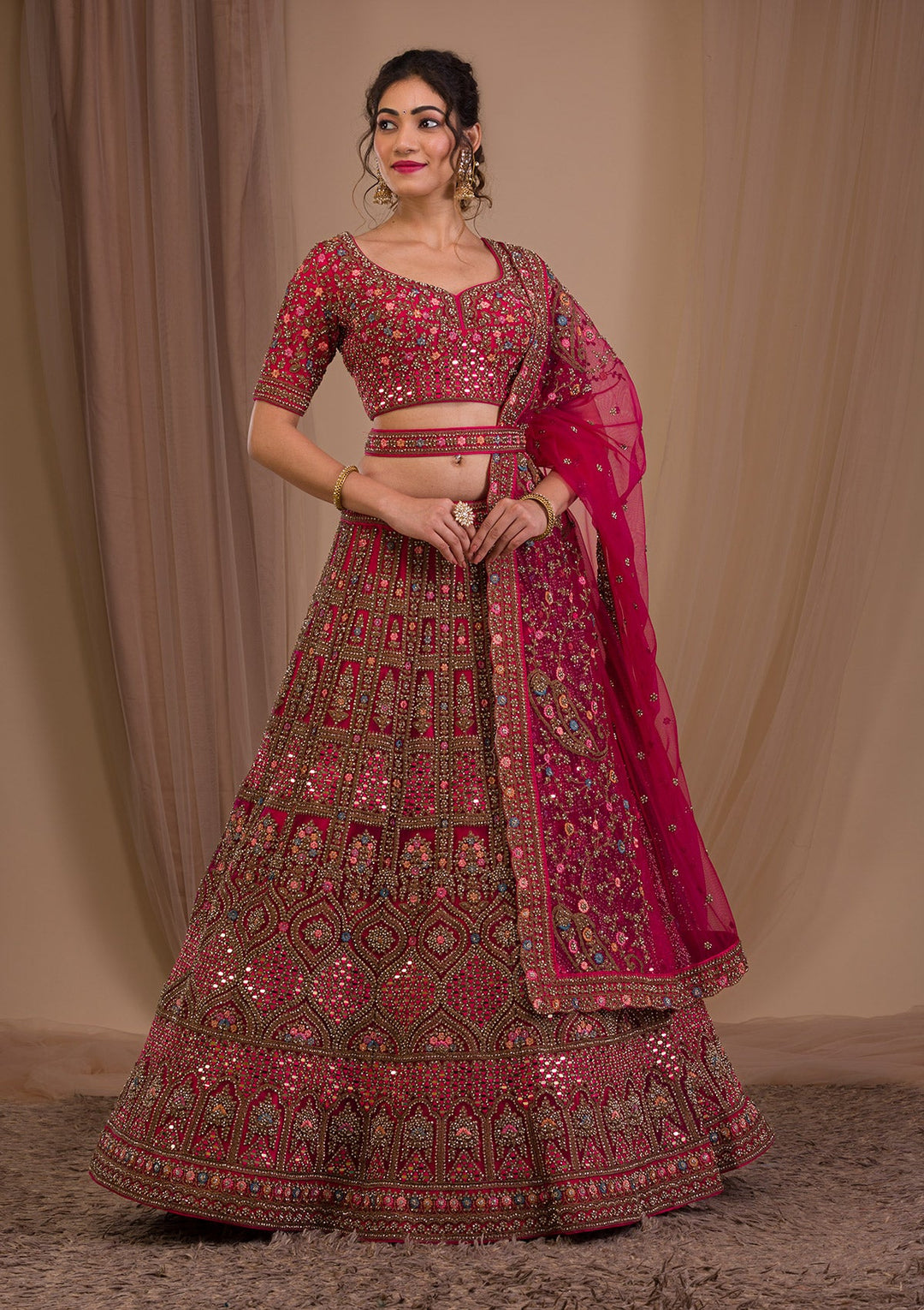 Rani Pink Stonework Net Readymade Lehenga-Koskii