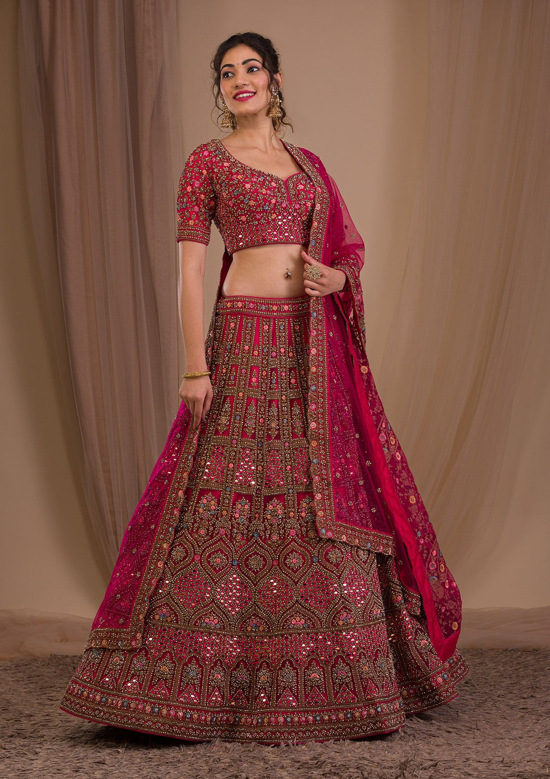 Rani Pink Stonework Net Readymade Lehenga-Koskii