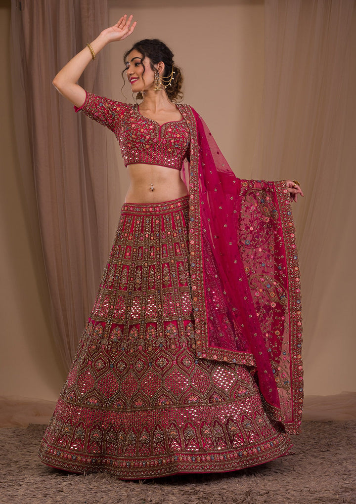 Rani Pink Stonework Net Readymade Lehenga-Koskii