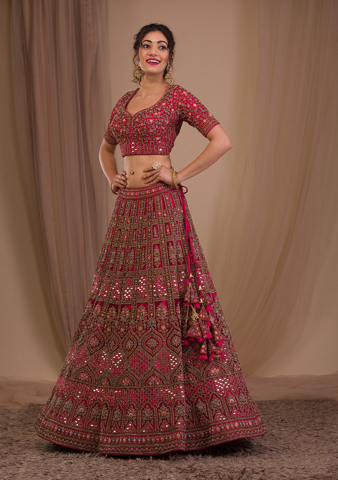 Rani Pink Stonework Net Readymade Lehenga-Koskii